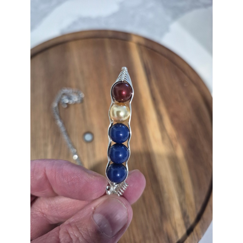 Handmade Wire Wrapped Pea Pod Necklace Silver Tone Five Bead Pendant Blue Red - Picture 2 of 7